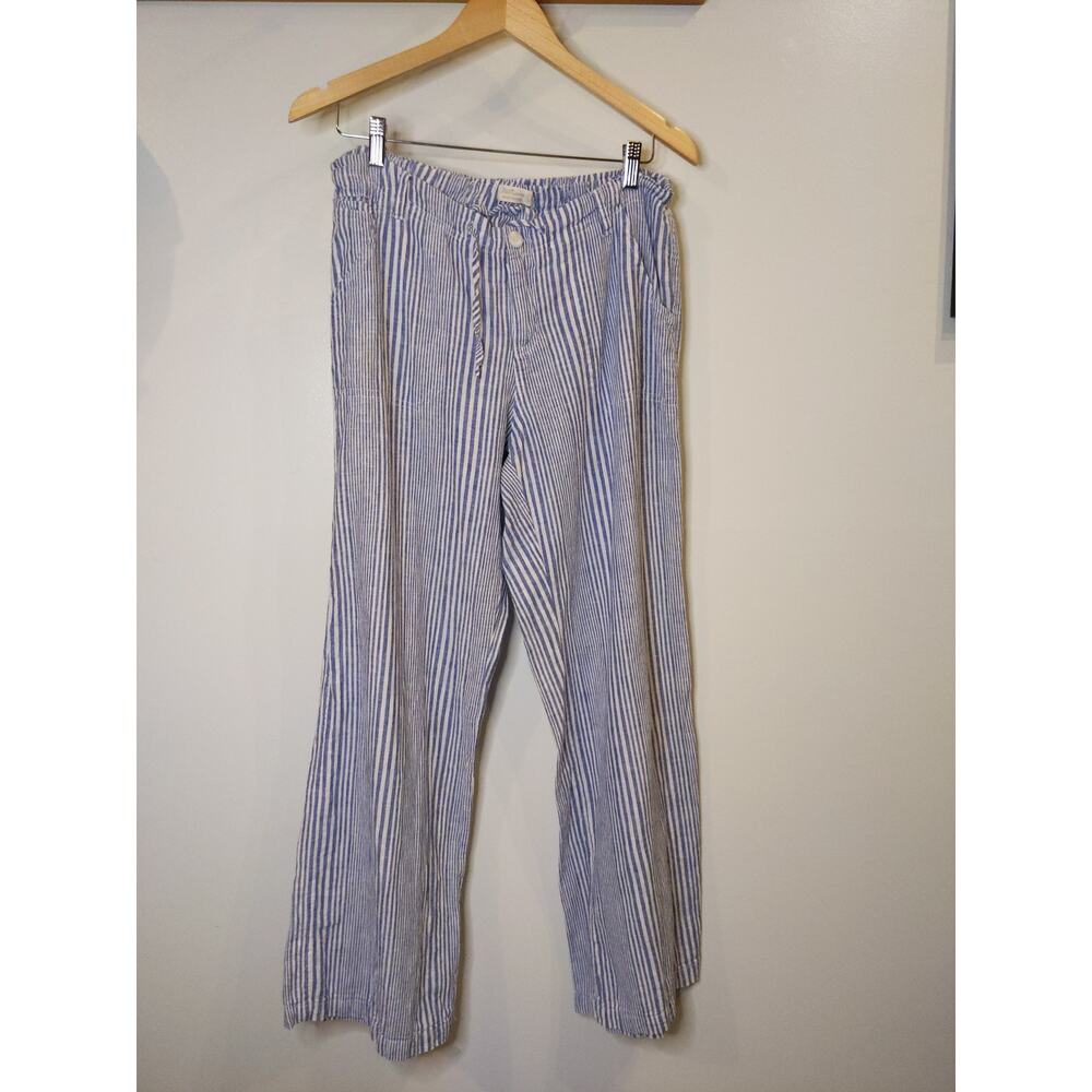 Just Living Linen Blend Pants Women's M Blue White Stripe Drawstring Coastal